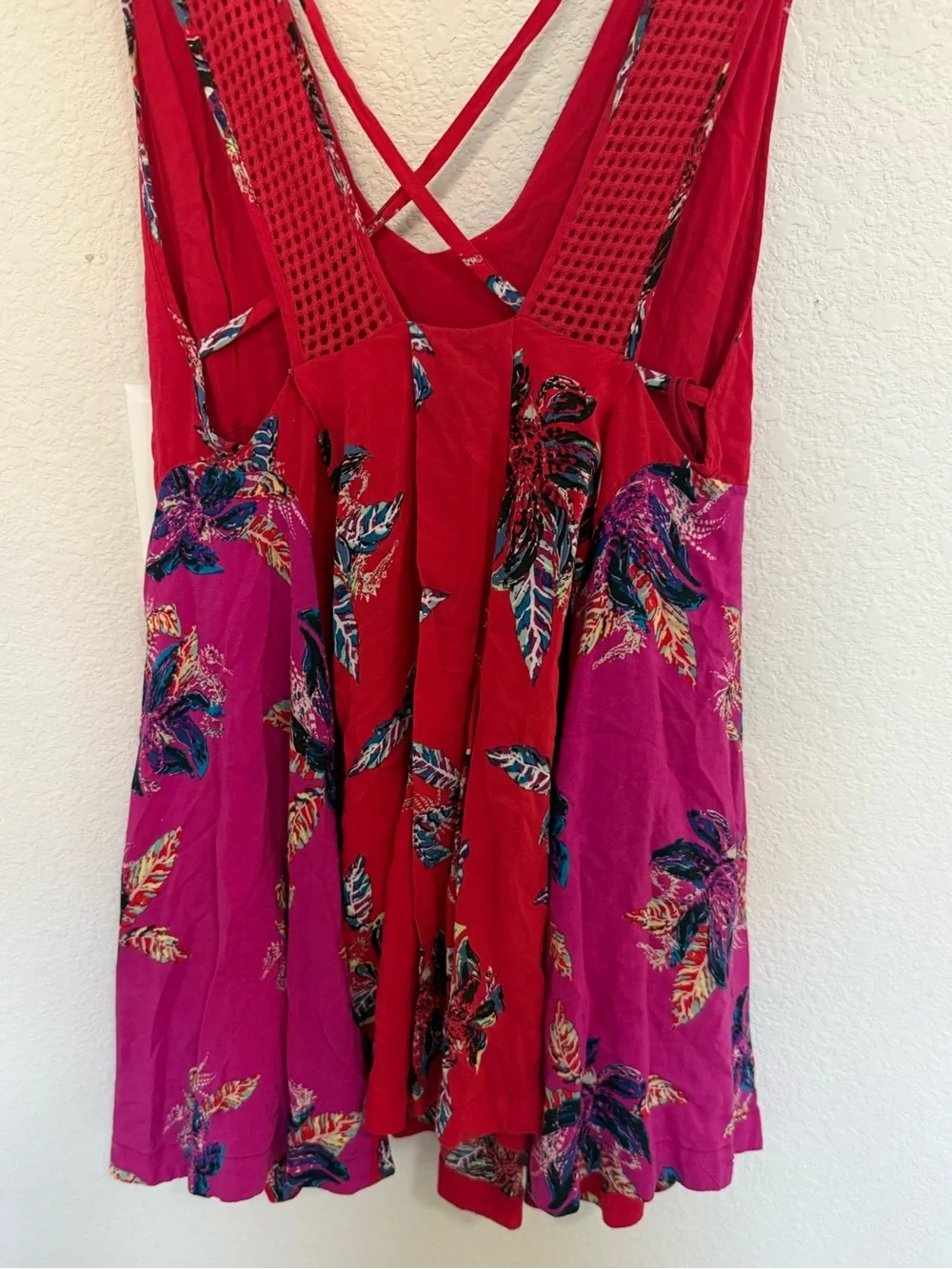 Free People Thought I Was Dreaming Open Back Red Pink Mini Swing Dress Sz XS